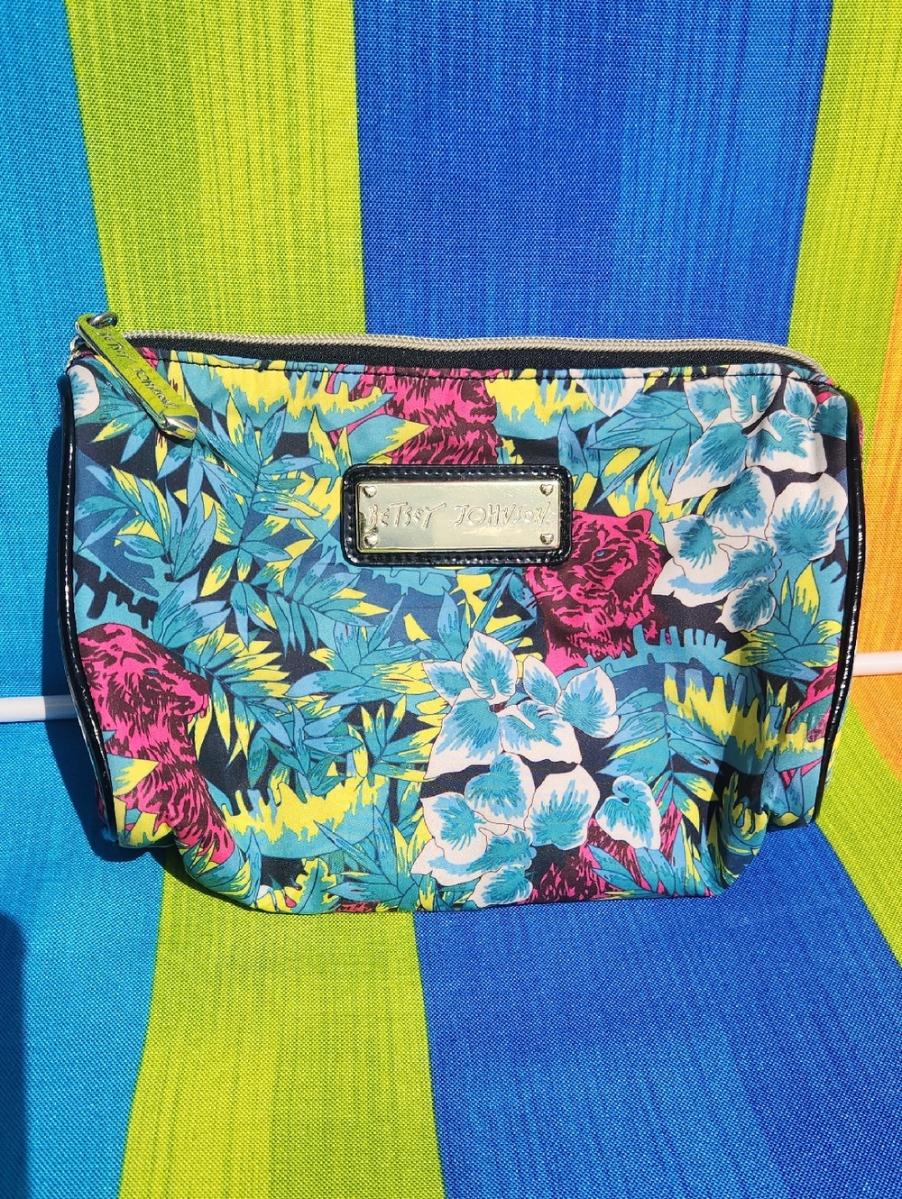 Betsey Johnson Floral Tropical Print Cosmetic Bag in Blue, Teal, Yellow, Pink